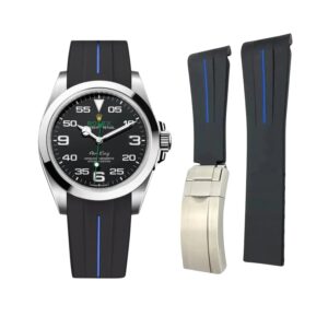 Deployant Rubber Strap - For Rolex Air-King 126900/116900 - Black/Blue | LuxLine®