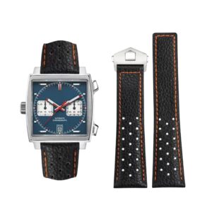 Leather Strap - For Tag Heuer Monaco - Black/Orange