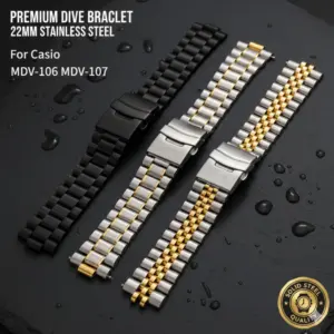 替换 22 毫米重型不锈钢潜水带，适用于 Casio Duro MDV-106 MDV-107 防水三色三色手链